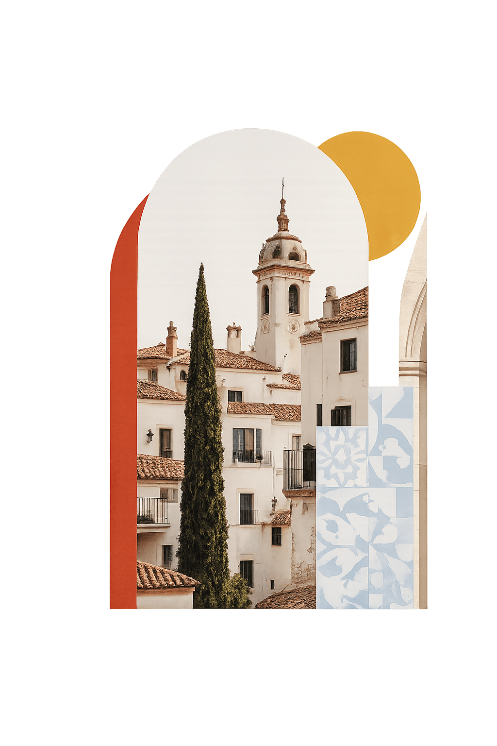 Whitewashed Spanish buildings, a church tower, and Mediterranean tile motifs